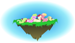 Size: 4000x2289 | Tagged: safe, artist:kalleflaxx, daisy, flower wishes, lily, lily valley, roseluck, earth pony, pony, g4, female, floating island, flower trio, sleeping, trio, trio female