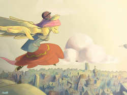 Size: 1024x768 | Tagged: safe, artist:swomswom, fluttershy, anthro, g4, city, clothes, female, jumping, scenery, solo