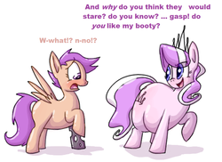 Size: 1228x893 | Tagged: safe, artist:secretgoombaman12345, diamond tiara, scootaloo, earth pony, pegasus, pony, ask chubby diamond, g4, blushing, chubby diamond, do she got a booty, fat, female, large butt, looking at butt, tumblr