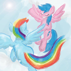 Size: 900x900 | Tagged: dead source, safe, artist:jessikitt-e, firefly, rainbow dash, g1, g4, cloud, flying, g1 to g4, generation leap
