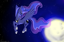 Size: 1800x1200 | Tagged: safe, artist:alcorexic92, princess luna, pony, g4, eyes closed, female, moon, solo, stars