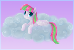 Size: 1168x798 | Tagged: dead source, safe, artist:mn27, blossomforth, pegasus, pony, g4, cloud, colored pupils, cute, featured image, female, gradient background, looking at you, on a cloud, prone, simple background, smiling, solo