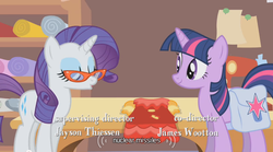 Size: 640x355 | Tagged: safe, screencap, rarity, twilight sparkle, pony, g4, suited for success, clothes, dress, duo, glasses, nuclear weapon, rarity's glasses, saddle bag, too poofy, weapon, youtube caption