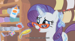 Size: 640x355 | Tagged: safe, screencap, rarity, g4, carousel boutique, glasses, measuring tape, pincushion, rarity's glasses, scissors, solo, youtube caption