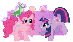 Size: 2280x1320 | Tagged: safe, artist:immortaltanuki, gummy, pinkie pie, twilight sparkle, g4, candy, cupcake, hyperactive, lollipop, looking at each other, looking at someone, magic, magic aura, personality swap, pinkie pie is not amused, role reversal, smiling, unamused