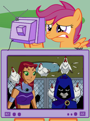 Size: 563x752 | Tagged: safe, scootaloo, chicken, pony, g4, exploitable meme, meme, midriff, raven (dc comics), scootachicken, starfire, teen titans, tv meme