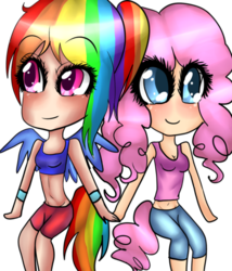 Size: 500x583 | Tagged: safe, pinkie pie, rainbow dash, human, g4, clothes, female, humanized, lesbian, ship:pinkiedash, shipping, simple background, tailed humanization, tank top, transparent background, winged humanization