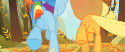 Size: 500x211 | Tagged: safe, screencap, applejack, rainbow dash, earth pony, pegasus, pony, fall weather friends, g4, animated, autumn, butt, duo, female, leaves, mare, plot, running