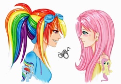 Size: 900x627 | Tagged: safe, artist:dragon-wanderer, fluttershy, rainbow dash, human, g4, duo, humanized, ponytail