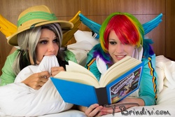 Size: 1000x667 | Tagged: safe, artist:burloire, artist:rose0fmay, daring do, rainbow dash, human, g4, bed, book, cosplay, irl, irl human, photo