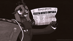 Size: 1920x1080 | Tagged: safe, artist:hollowzero, queen chrysalis, changeling, changeling queen, g4, clothes, female, newspaper, parody, suit