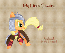 Size: 1023x840 | Tagged: safe, artist:nimbostratus, applejack, earth pony, pony, g4, armor, crossover, female, helmet, mount and blade, shield, solo