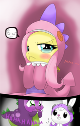Size: 1040x1638 | Tagged: safe, artist:hoyeechun, angel bunny, fluttershy, spike, dragon, g4, :<, angry, blushing, costume, crying, cute, dragon costume, embarrassed, frown, looking at you, thumbs up