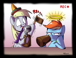 Size: 1000x760 | Tagged: safe, artist:tobibrocki, derpy hooves, rainbow dash, pegasus, pony, g4, cider, duo, fake halo, female, halo, hat, mare, party hat, party whistle, unamused