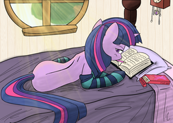 Size: 2000x1431 | Tagged: safe, artist:thattagen, twilight sparkle, pony, unicorn, g4, bed, book, clothes, female, lying on bed, mare, pocky, socks, sockypockytwi, solo, striped socks, unicorn twilight