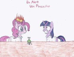 Size: 851x659 | Tagged: safe, artist:fluttershyfree, pinkie pie, twilight sparkle, g4, clothes, fire, lab coat, traditional art