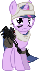 Size: 1066x1953 | Tagged: safe, artist:nighthoof, twilight sparkle, pony, unicorn, g4, as50, female, gun, hooves, horn, m1911, mare, optical sight, pistol, rifle, saddle bag, simple background, sniper rifle, solo, transparent background, weapon