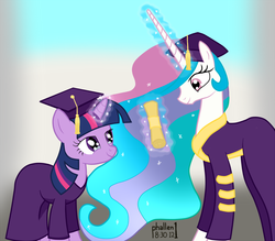 Size: 1152x1008 | Tagged: safe, artist:phallen1, princess celestia, twilight sparkle, alicorn, pony, unicorn, g4, crying, diploma, graduation, graduation cap, graduation day, hat, tears of joy, unicorn twilight