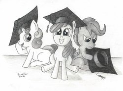 Size: 1024x754 | Tagged: safe, artist:peruserofpieces, apple bloom, scootaloo, sweetie belle, g4, cutie mark crusaders, graduation cap, hat, sketch