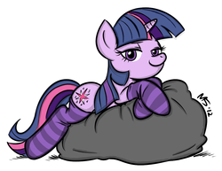 Size: 1155x892 | Tagged: safe, artist:blup-chan, artist:megasweet, twilight sparkle, pony, unicorn, g4, beanbag chair, bedroom eyes, clothes, colored, female, looking at you, mare, simple background, socks, solo, striped socks, white background