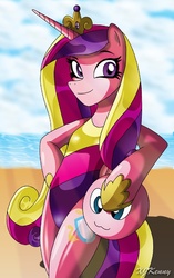 Size: 550x876 | Tagged: safe, artist:xjkenny, princess cadance, semi-anthro, g4, arm hooves, beach, clothes, female, hind legs, legs together, looking at you, one-piece swimsuit, solo, swimsuit