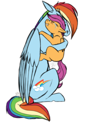 Size: 800x1000 | Tagged: safe, artist:phenoxfire, rainbow dash, scootaloo, pegasus, pony, g4, crying, cute, female, filly, foal, hug, mare, scootalove, simple background, transparent background