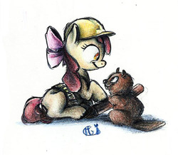 Size: 500x435 | Tagged: safe, artist:gimoody, apple bloom, beaver, g4, hard hat, hat, pet, toolbelt