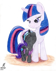 Size: 987x1243 | Tagged: safe, artist:masternodra, twilight sparkle, oc, oc:nyx, alicorn, pony, unicorn, fanfic:past sins, g4, alicorn oc, colored pencil drawing, duo, fanfic art, female, filly, foal, horn, mare, mother and child, mother and daughter, signature, traditional art, unicorn twilight, wings