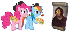 Size: 1066x507 | Tagged: safe, artist:gratlofatic, pinkie pie, rainbow dash, g4, botched ecce homo, jesus christ