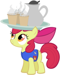 Size: 1616x2000 | Tagged: safe, artist:assiel, apple bloom, earth pony, pony, g4, adorabloom, clothes, coffee, cute, female, filly, head carry, mug, serving tray, simple background, solo, transparent background, vector, vest