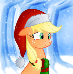 Size: 1011x1025 | Tagged: safe, artist:myhysteria, applejack, earth pony, pony, g4, 2011, bust, christmas, clothes, cute, female, floppy ears, hat, holiday, jackabetes, mare, portrait, santa hat, scarf, snow, snowfall, snowflake, solo, winter