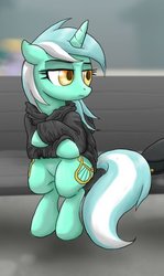 Size: 254x427 | Tagged: safe, artist:dawnmistpony, lyra heartstrings, pony, unicorn, fanfic:background pony, g4, bench, clothes, cropped, female, hoodie, solo