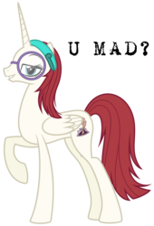 Size: 3403x4999 | Tagged: artist needed, safe, oc, oc only, oc:fausticorn, oc:nyx, alicorn, pony, blasphemy, female, fusion, fusion:fausticorn, fusion:nyx, glasses, image macro, lauren faust, lidded eyes, mare, simple background, transparent background, u mad