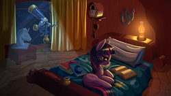 Size: 1920x1080 | Tagged: safe, artist:kittehkatbar, twilight sparkle, pony, unicorn, g4, bed, bedroom, book, butt, clock, cuckoo clock, female, glowing, golden oaks library, horseshoes, lamp, lidded eyes, mare, moonlight, night, on side, plot, reading, smiling, solo, telescope, twilight's bedroom, unicorn twilight, window