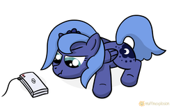 Size: 1605x1001 | Tagged: safe, artist:muffinexplosion, princess luna, pony, gamer luna, g4, cute, female, filly, nintendo, nintendo ds, scrunchy face, solo, woona