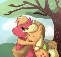 Size: 1500x1400 | Tagged: safe, artist:maren, applejack, big macintosh, earth pony, pony, g4, blushing, brother and sister, cute, female, hug, jackabetes, macabetes, male, outdoors, siblings, stallion, tree