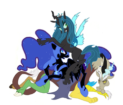 Size: 874x748 | Tagged: safe, artist:jabberwockychamber, discord, nightmare moon, queen chrysalis, changeling, changeling queen, g4, dogpile, female