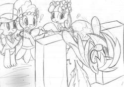 Size: 900x634 | Tagged: safe, artist:tg-0, dj pon-3, pinkie pie, spike, twilight sparkle, vinyl scratch, g4, bottle