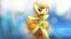 Size: 1960x1080 | Tagged: safe, artist:dshou, carrot top, golden harvest, earth pony, pony, g4, bipedal, female, hoof on chest, looking at you, mare, ocean, open mouth, solo, surfboard, surfing