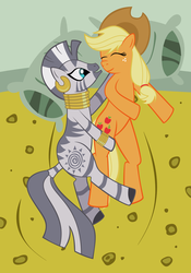 Size: 2100x3000 | Tagged: safe, artist:adcoon, applejack, zecora, earth pony, pony, zebra, g4, female, high res, lesbian, mare, ship:applecora, shipping, show accurate