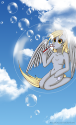 Size: 1436x2340 | Tagged: safe, artist:dragonina, derpy hooves, pegasus, anthro, unguligrade anthro, g4, arm hooves, barbie doll anatomy, breasts, bubble, bubble wand, featureless breasts, female, in bubble, sky background, solo