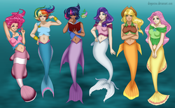 Size: 3170x1951 | Tagged: safe, artist:dragonina, applejack, fluttershy, pinkie pie, rainbow dash, rarity, spike, fish, mermaid, g4, belly button, book, dark skin, dorsal fin, fin, fins, fish tail, humanized, mane seven, mermaidized, mermarity, mershy, ocean, species swap, swimming, tail, underwater, water