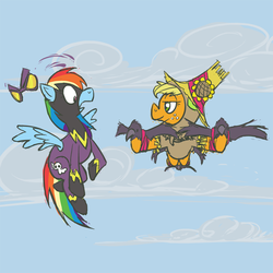 Size: 800x800 | Tagged: safe, artist:acidandgrit, applejack, rainbow dash, g4, costume, flying, nightmare night