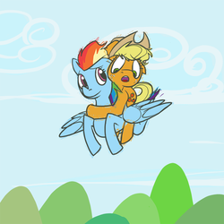 Size: 800x800 | Tagged: safe, artist:acidandgrit, applejack, rainbow dash, g4, applejack riding rainbow dash, female, flying, lesbian, riding, ship:appledash, shipping