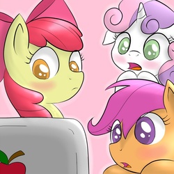 Size: 800x800 | Tagged: safe, artist:crade, apple bloom, scootaloo, sweetie belle, g4, apple (company), blushing, computer, cutie mark crusaders, laptop computer