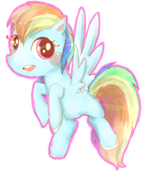 Size: 397x433 | Tagged: safe, artist:pasuteru-usagi, rainbow dash, pegasus, pony, g4, blush sticker, blushing, colored hooves, female, looking at you, mare, open mouth, outline, simple background, solo, spread wings, three quarter view, white background, wings