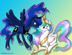 Size: 3527x2700 | Tagged: safe, artist:danmakuman, princess celestia, princess luna, alicorn, pony, g4, blushing, female, high res, horn, horns are touching, prone, royal sisters, sibling love, siblings, sisterly love, sisters, spread wings, wings