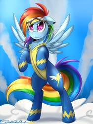 Size: 1600x2133 | Tagged: safe, artist:spittfireart, rainbow dash, pegasus, pony, g4, clothes, cloud, confident, confidentially cute, cute, female, goggles, hilarious in hindsight, pink eyes, solo, uniform, wings, wonderbolts, wonderbolts uniform