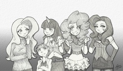 Size: 1200x693 | Tagged: dead source, safe, artist:k-y-h-u, fluttershy, pinkie pie, rarity, spike, twilight sparkle, human, g4, clothes, female, gloves, horn, horned humanization, humanized, male, monochrome, skirt, sweater, sweatershy, traditional art