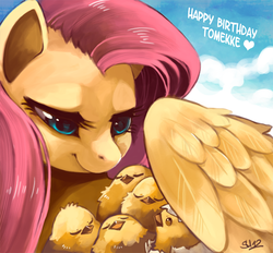 Size: 753x700 | Tagged: dead source, safe, artist:suikuzu, fluttershy, pegasus, pony, g4, birthday gift, chick, chicks, cute, egg, female, fluttermom, happy birthday, mare, shyabetes, signature, sky, text, wing blanket, wings